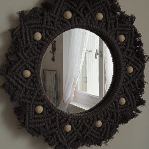 Miroir rond en macramé gris foncé, fait main avec corde de coton naturel