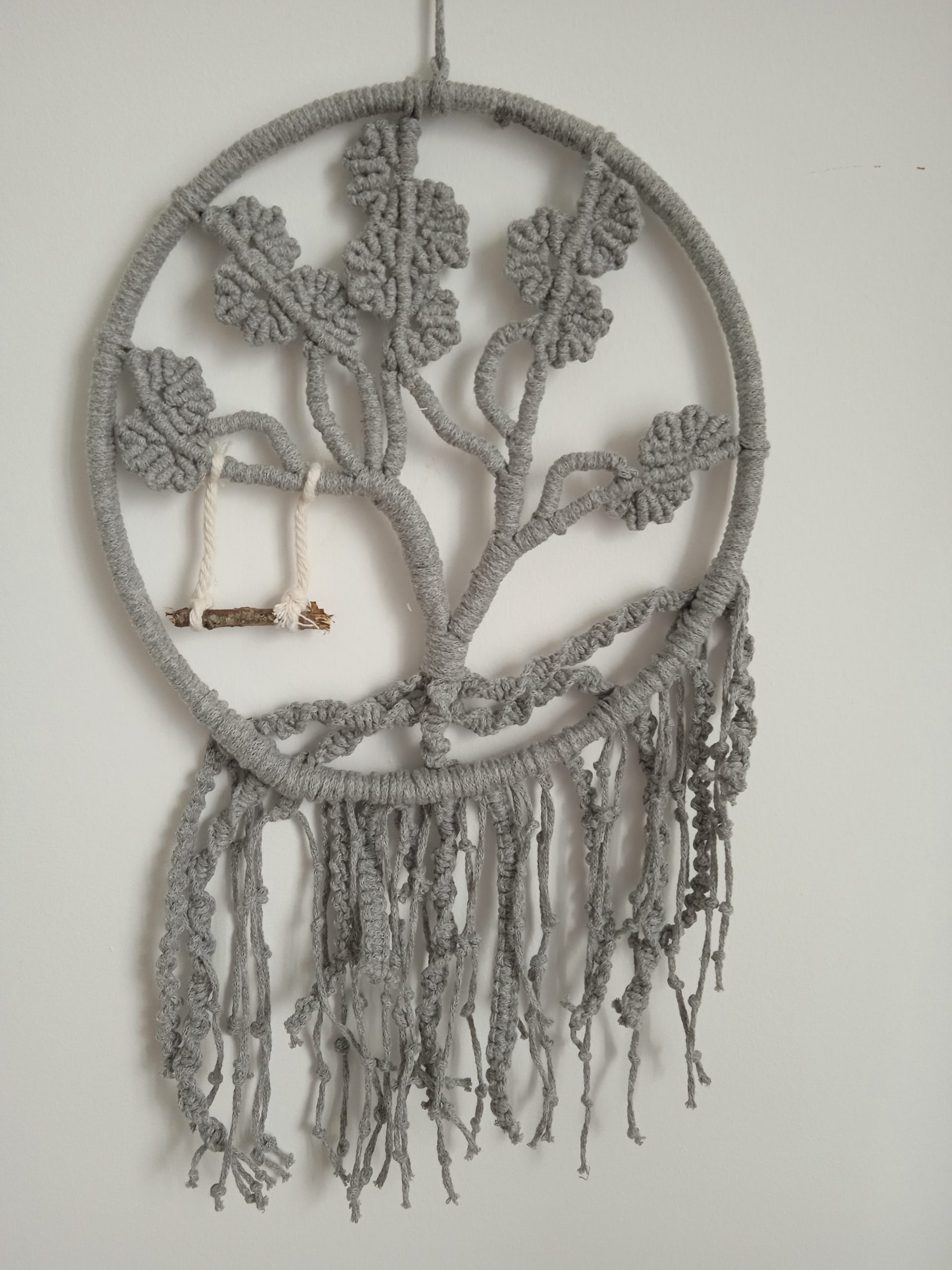 Arbre de vie en macramé fait main, en fil de coton naturel, sur anneau bois ou métal