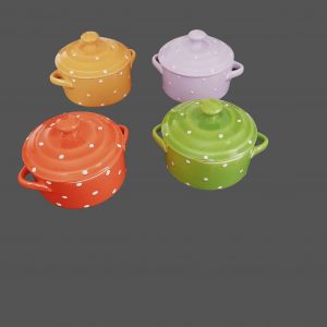 Lot de 4 mini cocottes en faïence colorée – vert, orange, jaune et violet – pour petits gratins ou décoration de cuisine vintage.