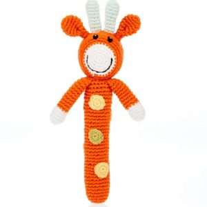 Hochet bâton Girafe orange et blanc, jouet bébé fait main