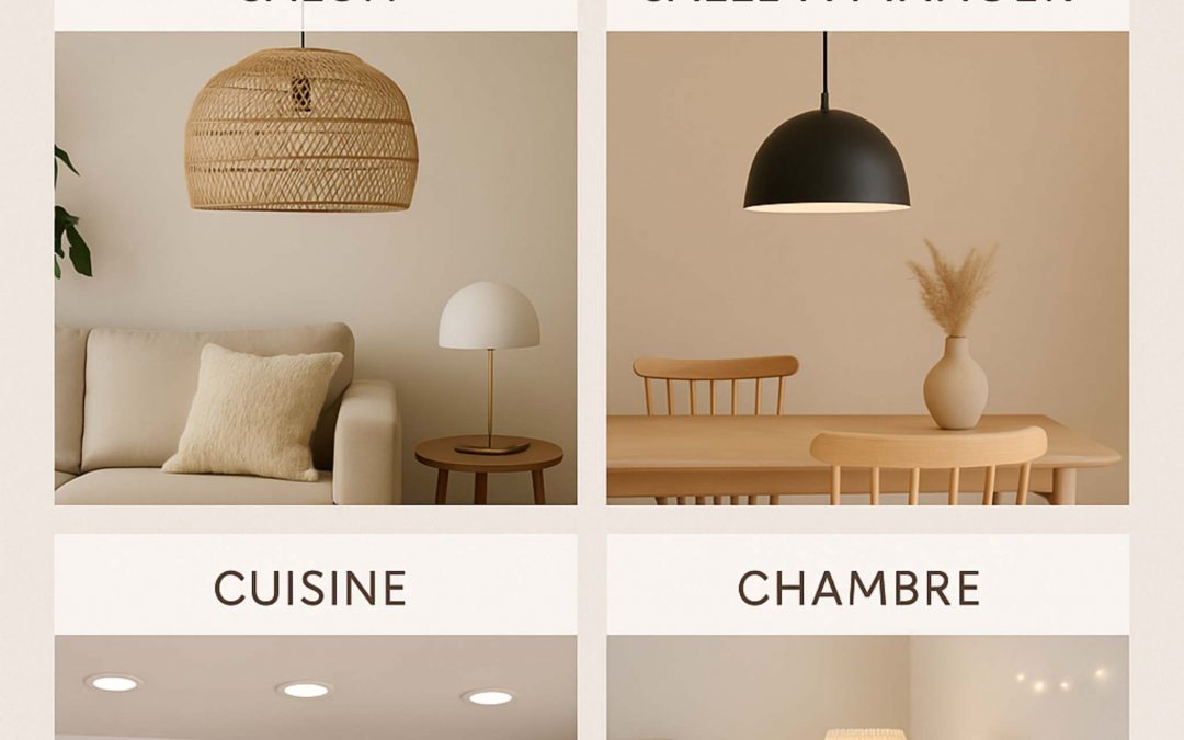 Luminaires adaptés pour chaque pièce : suspension au-dessus d’une table de salle à manger, lampe de chevet dans la chambre, spot au plafond dans la cuisine