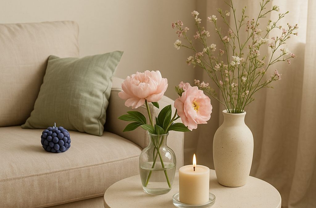 Canapé déco simple aux couleurs douces naturelles beige et blanc cassé, ambiance slow déco printemps apaisante et zen