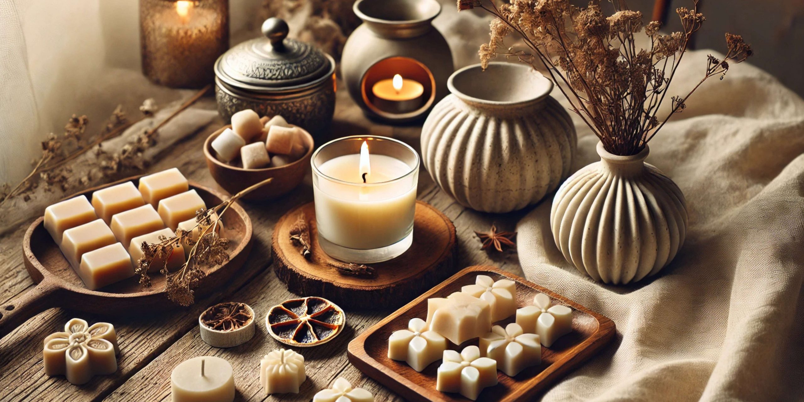 Univers Les Trouvailles de Kaki – Artisanat et décoration écoresponsable Bougie artisanale allumée, fondants parfumés, objet décoratif en Jesmonite et céramique chinée sur une table en bois, entourés de fleurs séchées et de tissu en lin dans une ambiance naturelle et bohème
