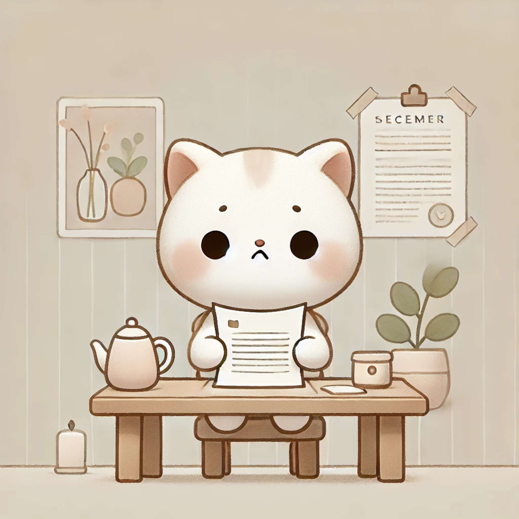 illustration CGV Illustration humoristique d’un petit chat lisant un document, image décorative pour la page des conditions générales de vente de la boutique Les Trouvailles de Kaki.