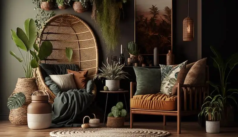 interieur-deco-salon-botanique-ecolo-eco-responsable3 Salon lumineux décoré dans un style éco-responsable avec des meubles chinés, des matériaux naturels et des plantes vertes pour une ambiance chaleureuse et durable.