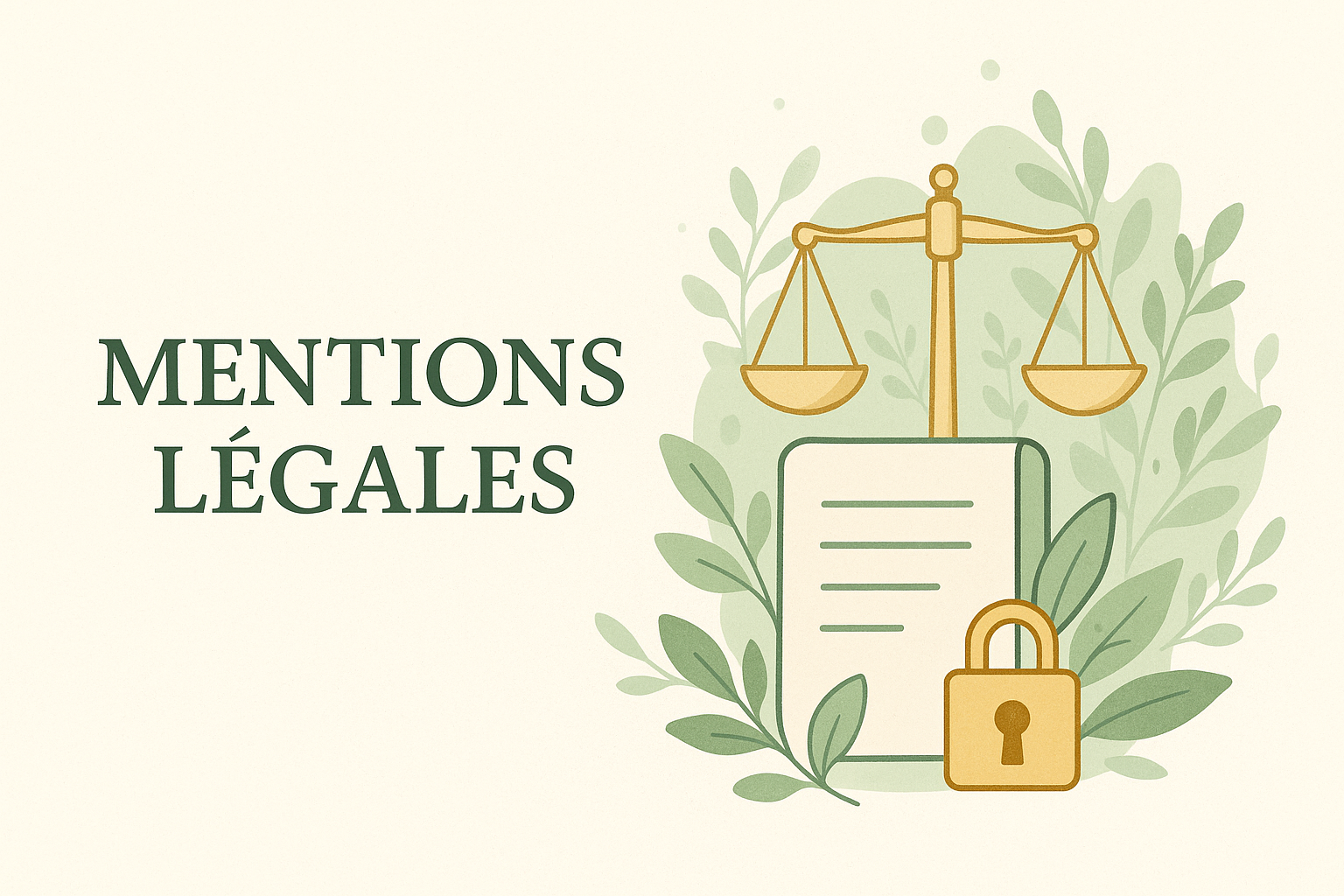 Illustration douce pour la page des mentions légales Illustration représentant un document légal entouré de feuilles vertes, d’un cadenas doré et d’une balance de justice, sur fond clair.