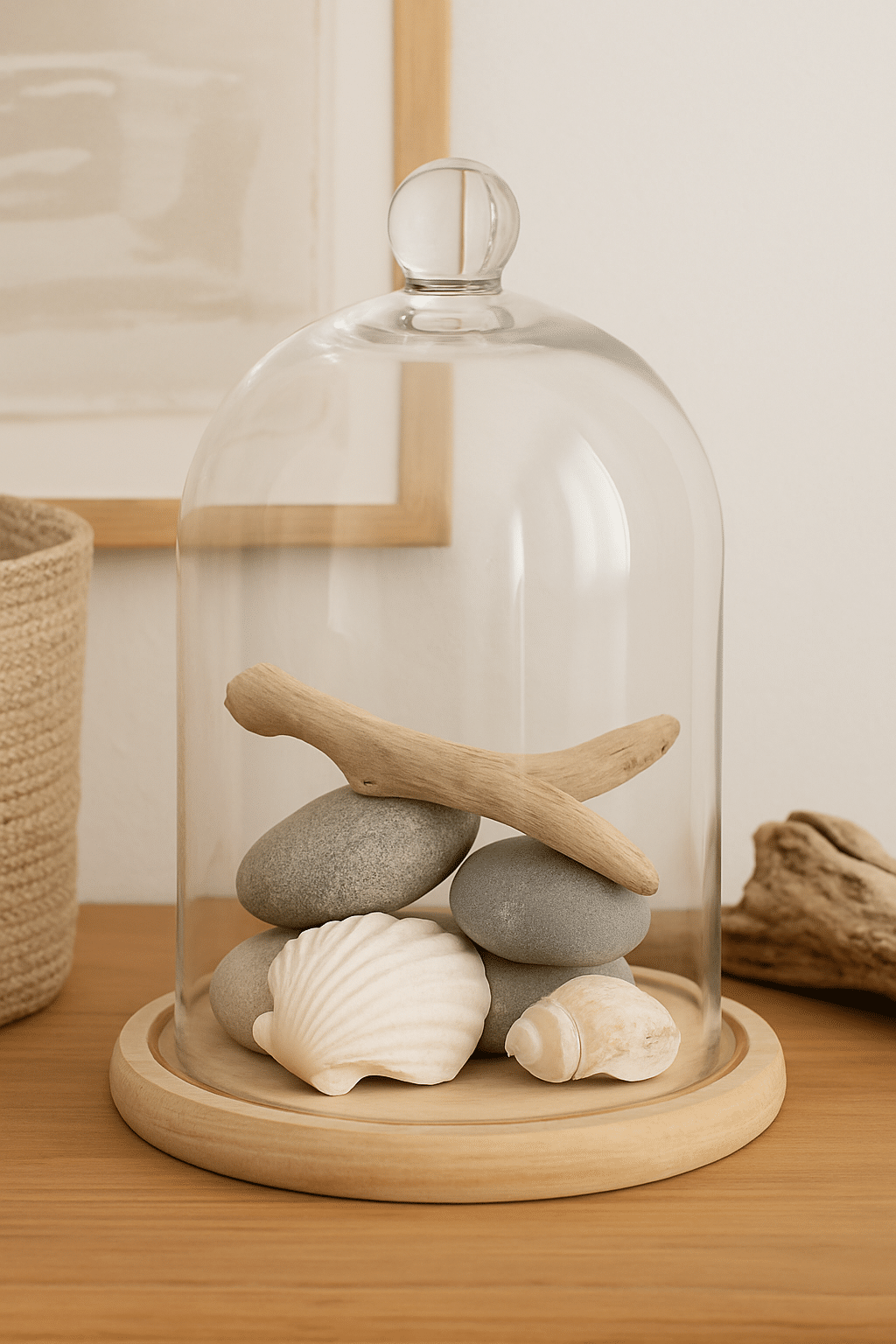 Galets, bois flotté et coquillages exposés dans une cloche en verre
