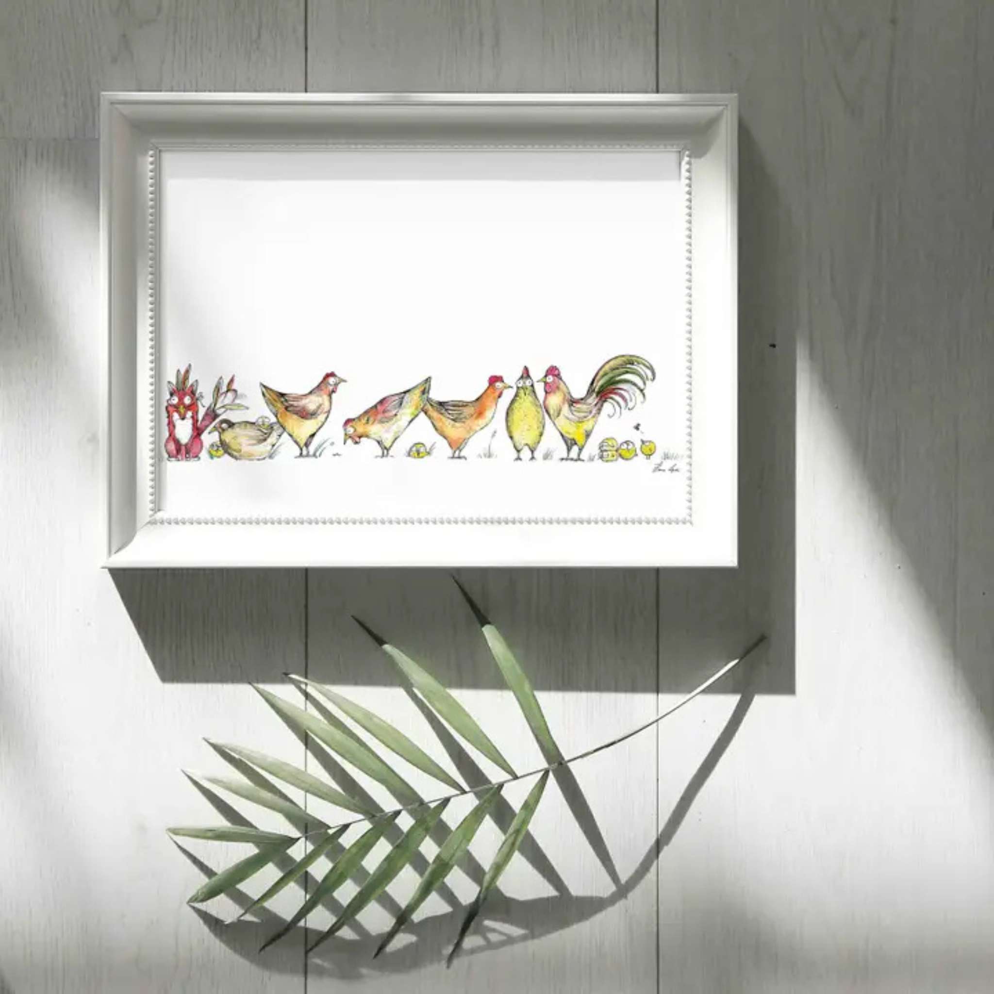 affiche renard en fourrure de poulet encadrée blanche