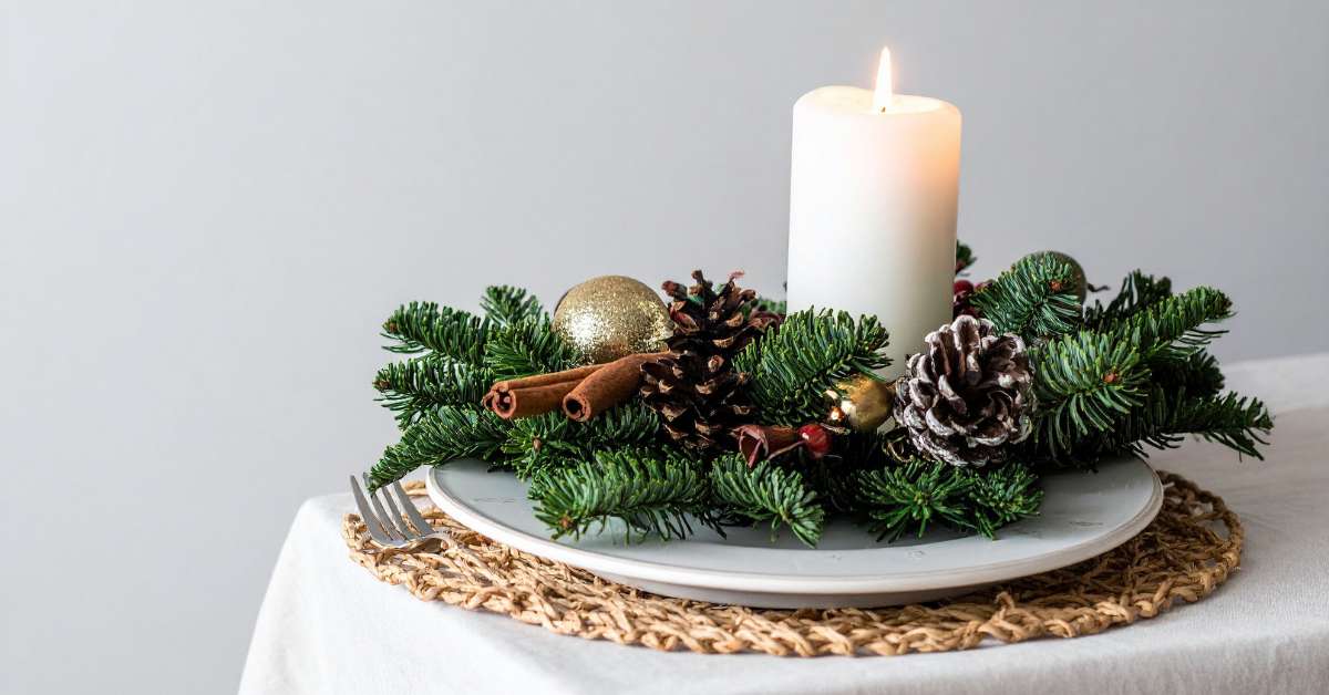 Centre de table DIY festif terminé pour les fêtes, chic et éco-responsable.