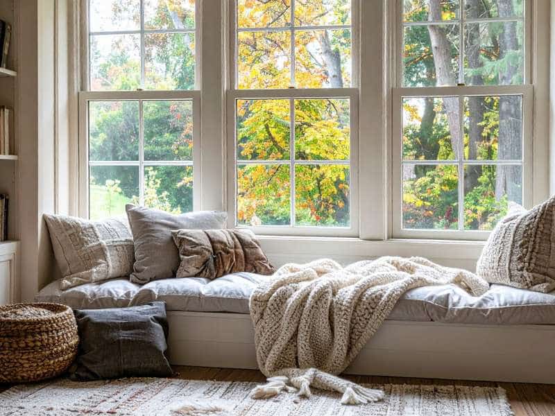 “Coussins, plaids et tapis aux textures variées pour un intérieur automnal sensoriel”