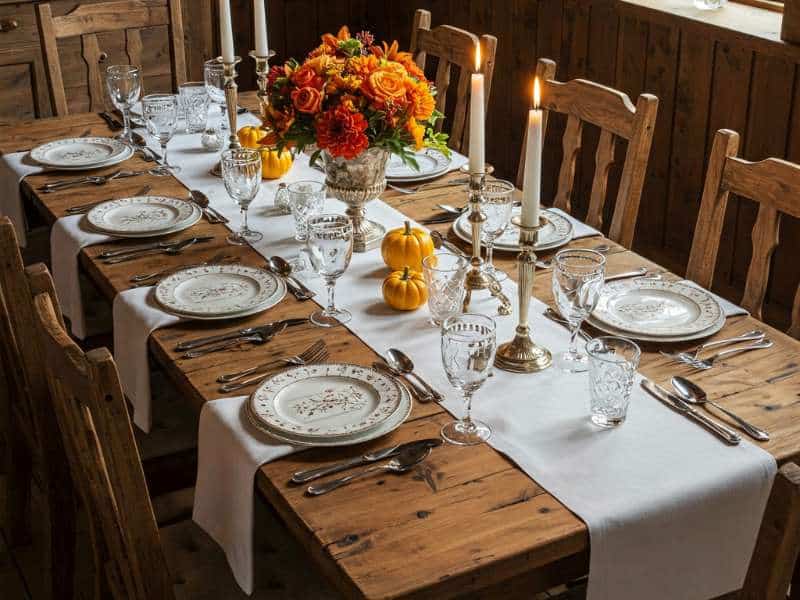 “Table automnale avec nappe en lin, sets de table en coton et bougies artisanales”