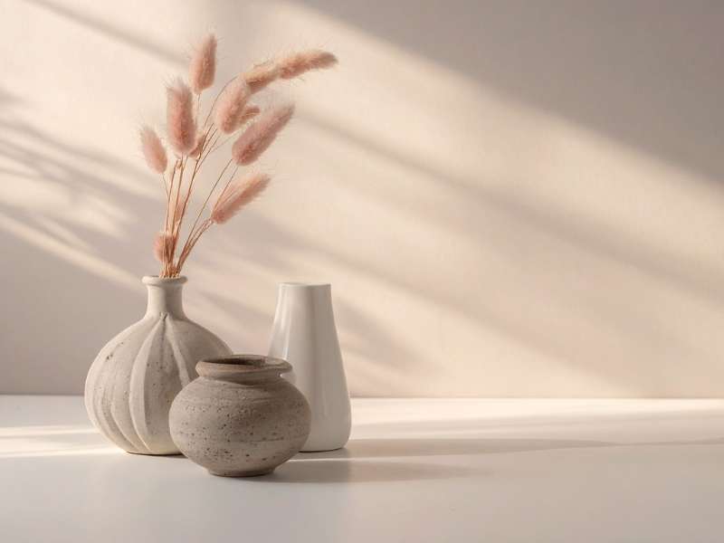 Petites décorations hivernales : bougie, vase et objets artisanaux.
