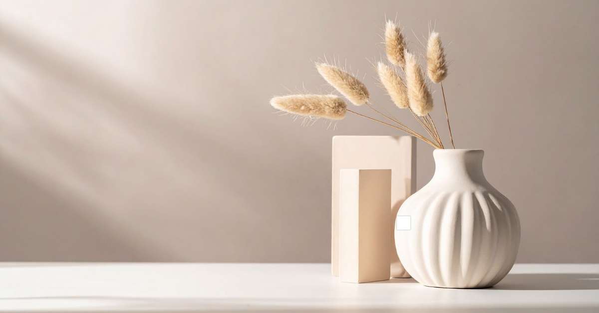 Composition déco minimaliste illustrant la règle du 3 dans un intérieur moderne