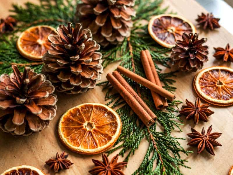 décorations naturelles pour sapin avec oranges séchées et eucalyptus