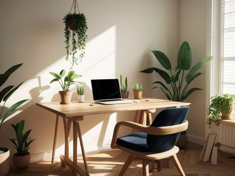 coin bureau petit espace installé dans un angle de salon lumineux