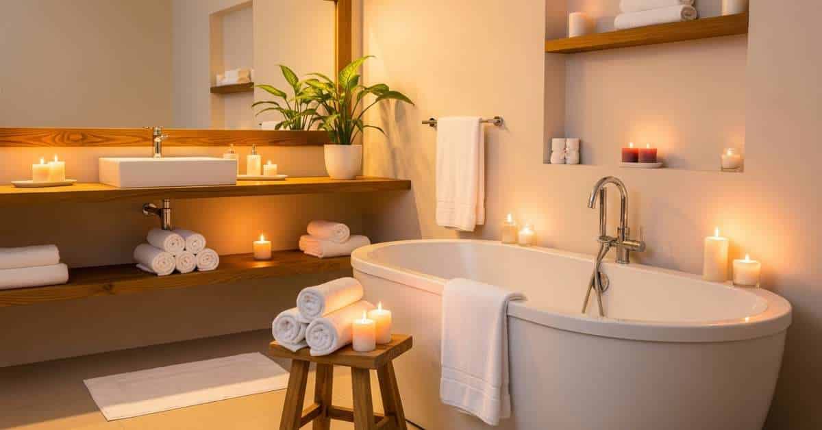 Petite salle de bain aux murs blancs avec touches de bois clair