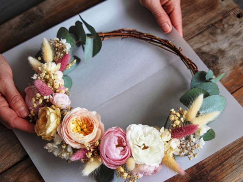 Couronne murale de fleurs séchées pour décoration de Pâques