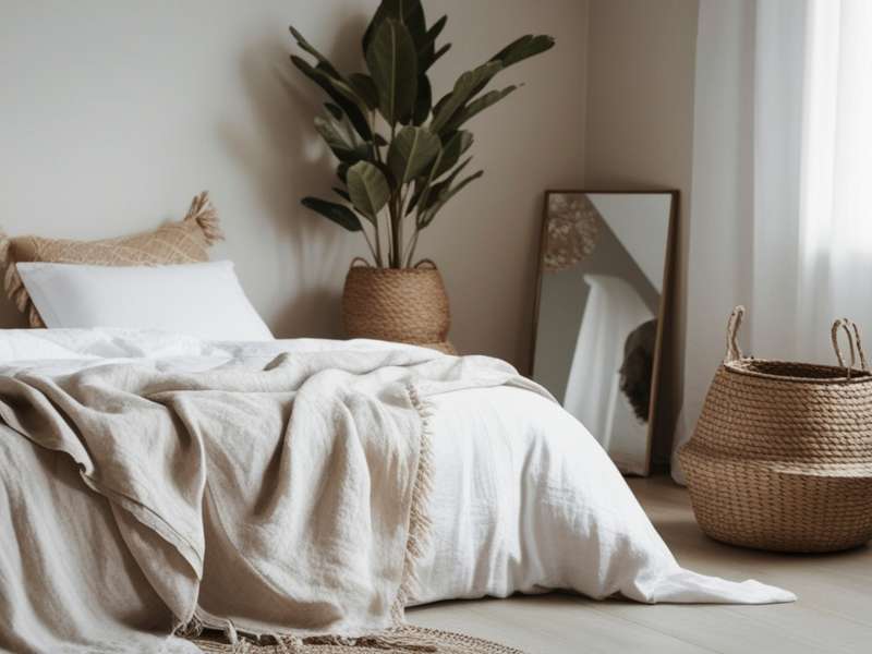 Décoration intérieure naturelle avec bois clair, lin et teintes douces