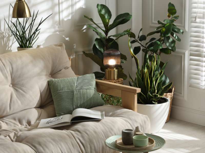 plantes vertes décoratives dans un salon lumineux