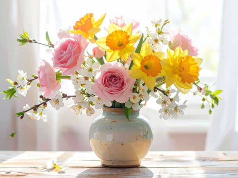 vase avec fleurs printanières pour décoration de pâques